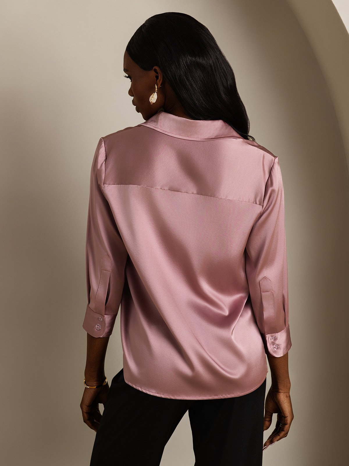 [Pale Mauve] SilkSilky-CA 19Momme Stretch Silk Charmeuse 3/4 Sleeve Lapel Collar Women's Shirt 002