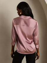[Pale Mauve] SilkSilky-CA 19Momme Stretch Silk Charmeuse 3/4 Sleeve Lapel Collar Women's Shirt 002