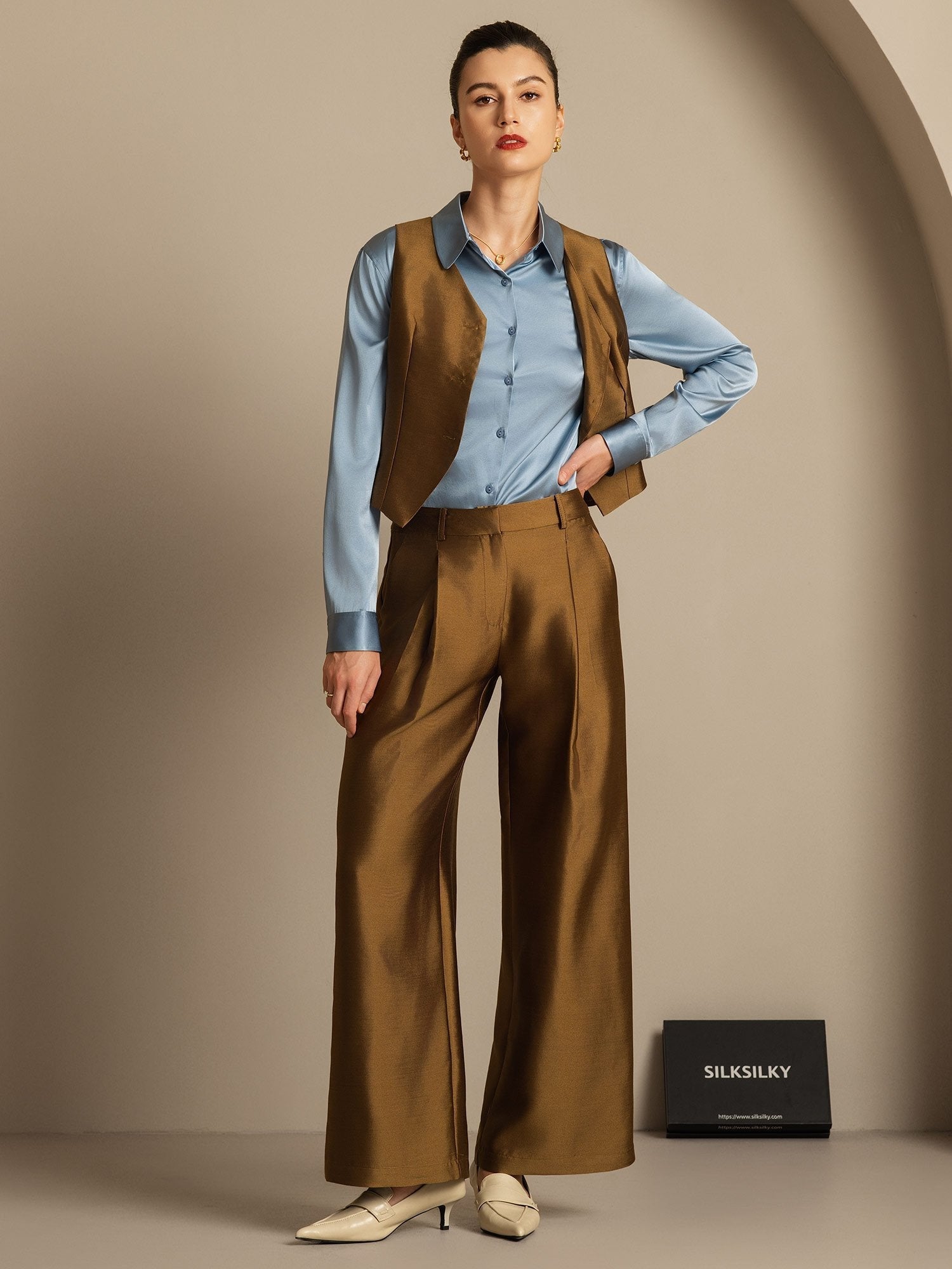 [Bronze] SilkSilky-CA 32Momme Silk-Wool Blend V Neck Women's Vest 008,