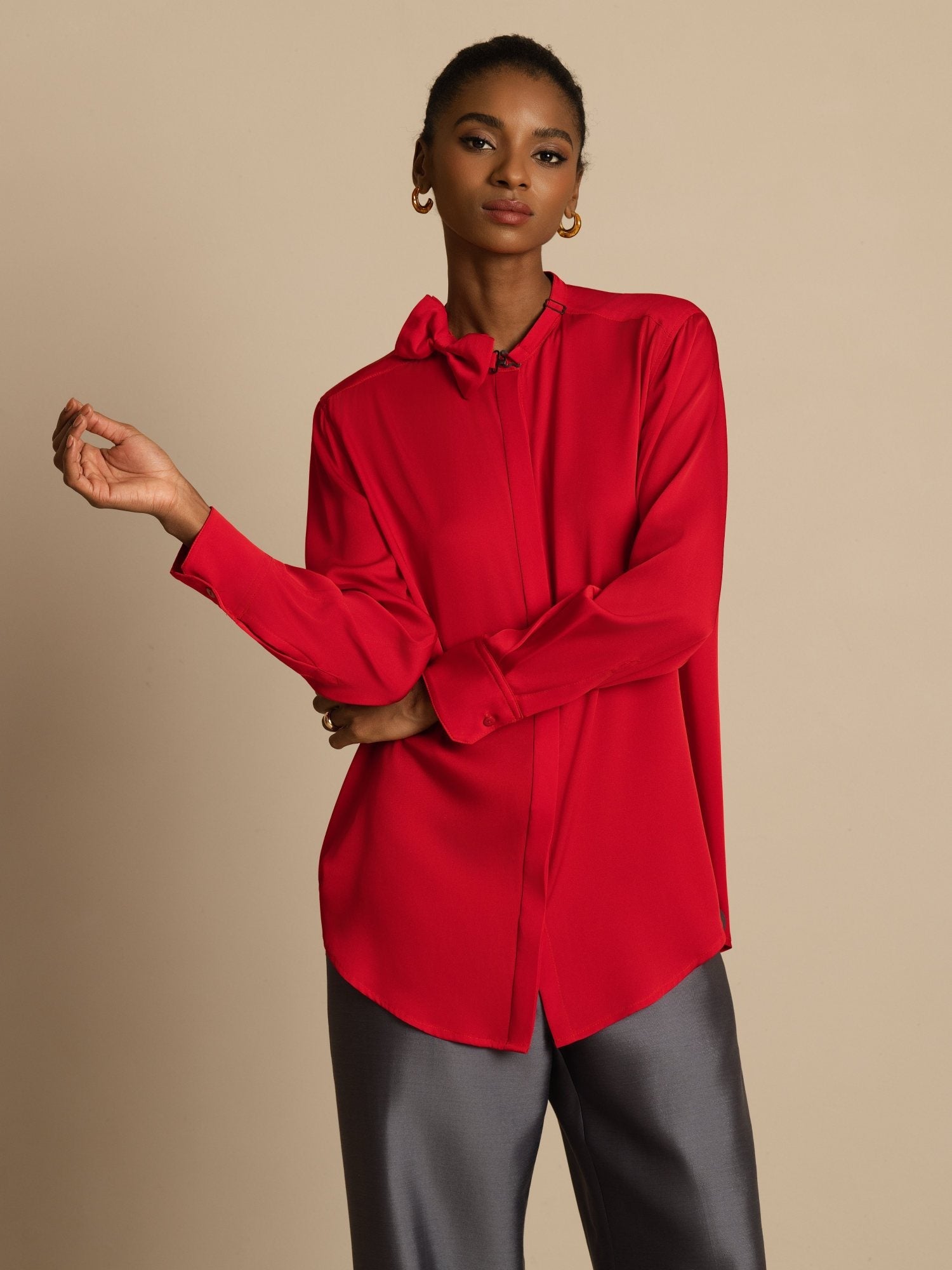 [Wine] SilkSilky-CA 19Momme Stretch Silk Double Georgette Long Sleeve Collar Blouse 003