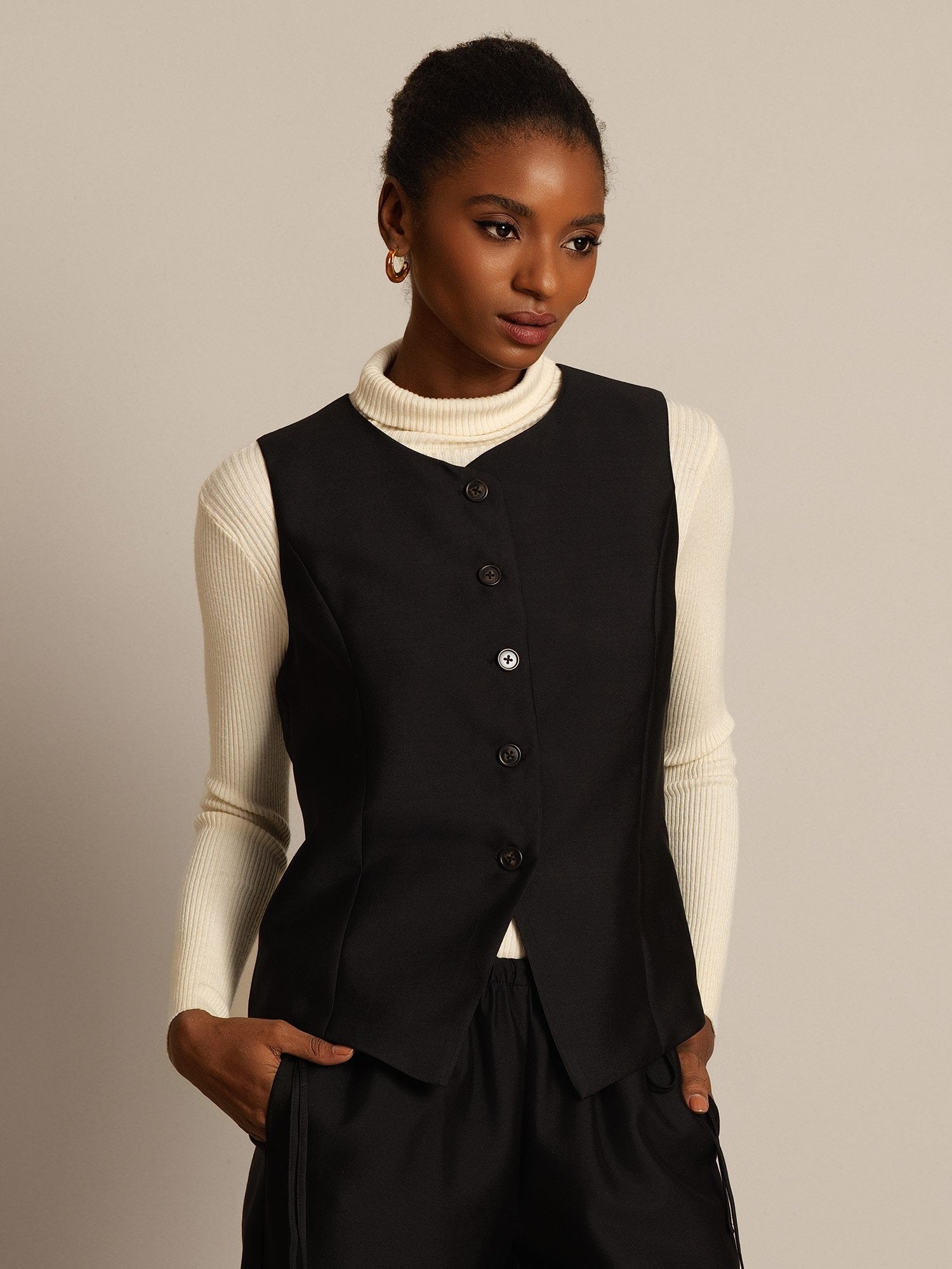 [Black] SilkSilky-CA 32Momme Silk-Wool Blend Womens Vest 007,