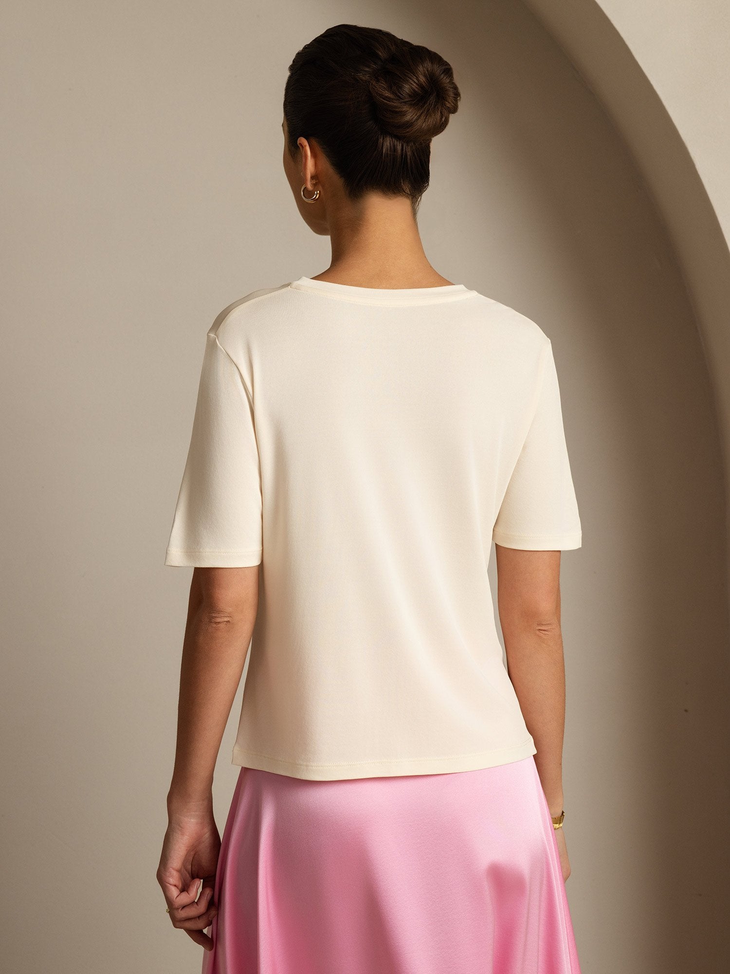 [Beige] SilkSilky-CA Pure Silk V Neck Women's T-Shirt 002