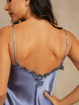 [Steel Blue] SilkSilky-CA Spaghetti Strap V Neck Nightgown 005