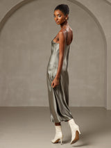[Grayish Green] SilkSilky-CA Spaghetti Strap V Neck Nightgown 002