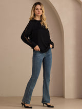 [Black] SilkSilky-CA Long Sleeve Keyhole Neck Women's Blouse 007