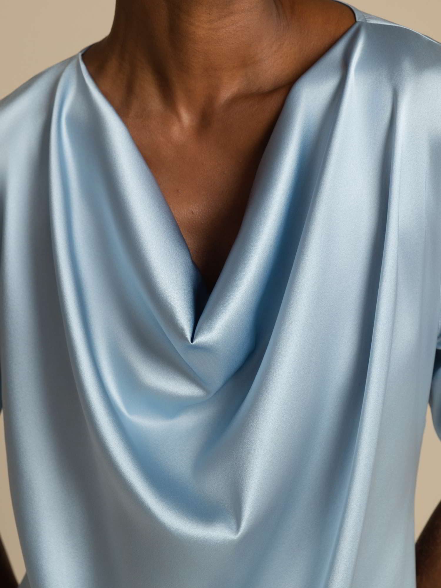 [Grayish Blue] SilkSilky-CA 19Momme Silk Short Sleeve Cowl Neck Blouse 003