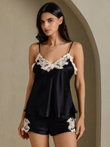 [Black] SilkSilky-CA Spaghetti Strap V Neck Camisole Set 006