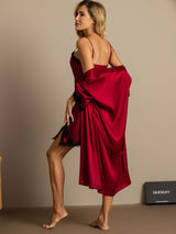 [Wine] SilkSilky-CA Half Sleeve V Neck Nightgown&Robe Set 002