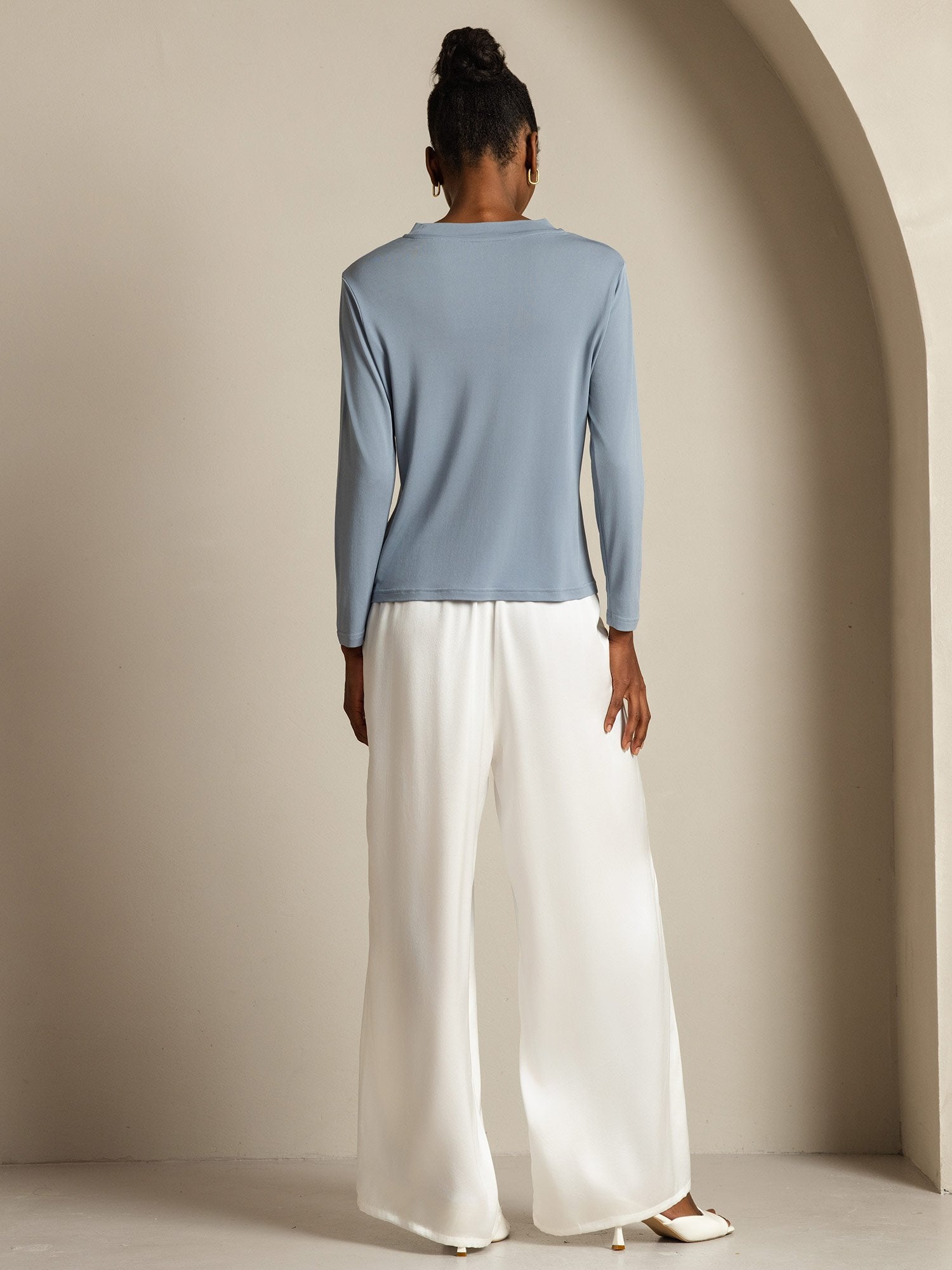 [GrayishBlue] SilkSilky-CA Pure Silk Round Neck Women's T-Shirt 009