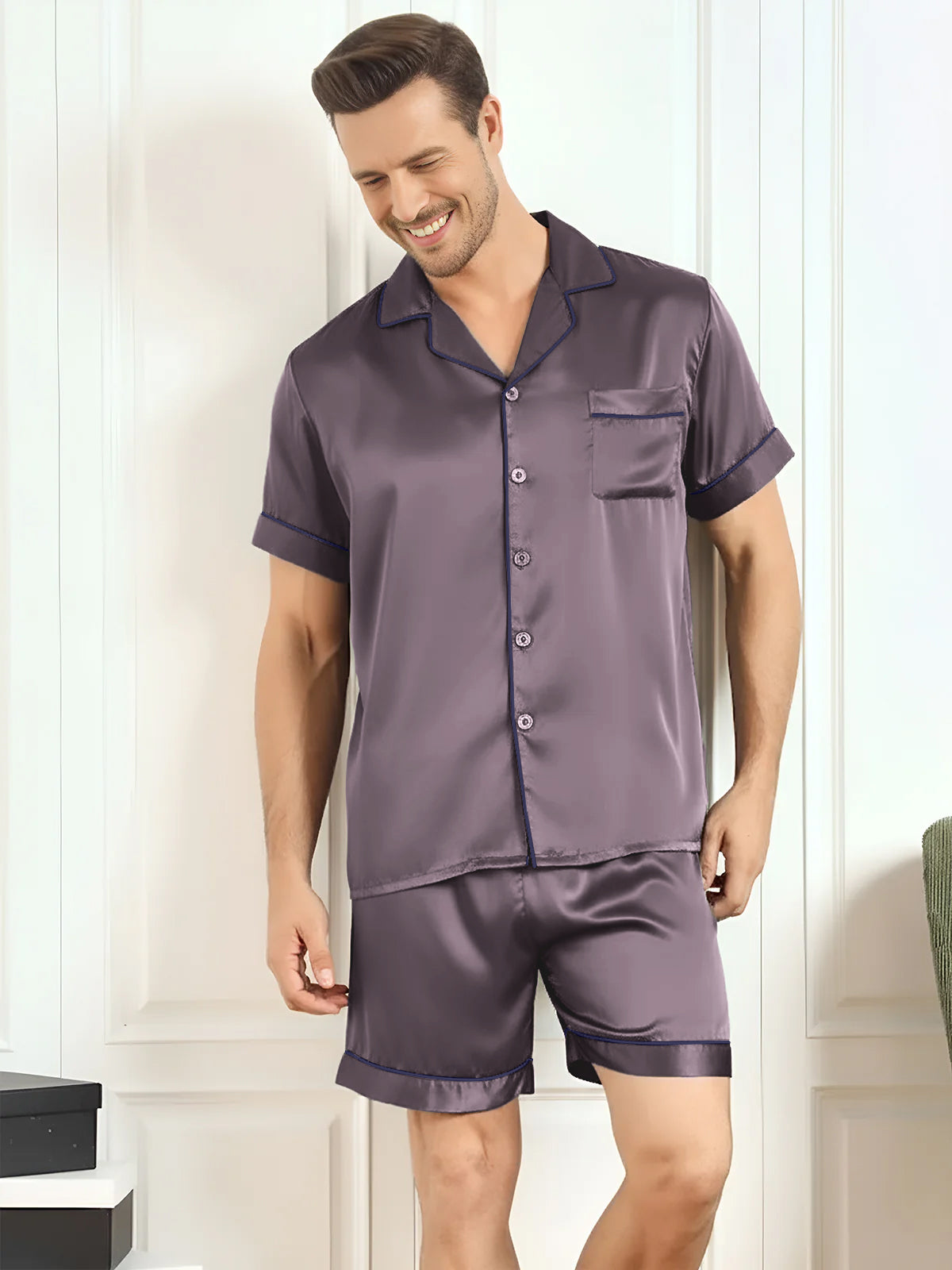 [Purple Gray] SilkSilky-CA Pure Silk Mens Pajamas 001,