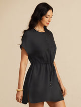 [Black] SilkSilky-CA 18Momme Silk Satin Surah Cap Sleeve Henley Neck Dress 004