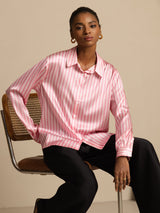 [Pink Stripe] SilkSilky-CA Long Sleeve Lapel Collar Women's Shirt 003
