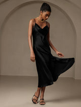 [Black] SilkSilky-CA Spaghetti Strap Cowl Neck Dress 005