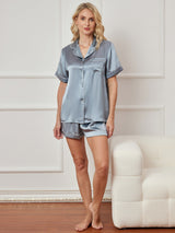 [Steel Blue] SilkSilky-CA Short Sleeve Lapel Collar Women's Pajamas 003