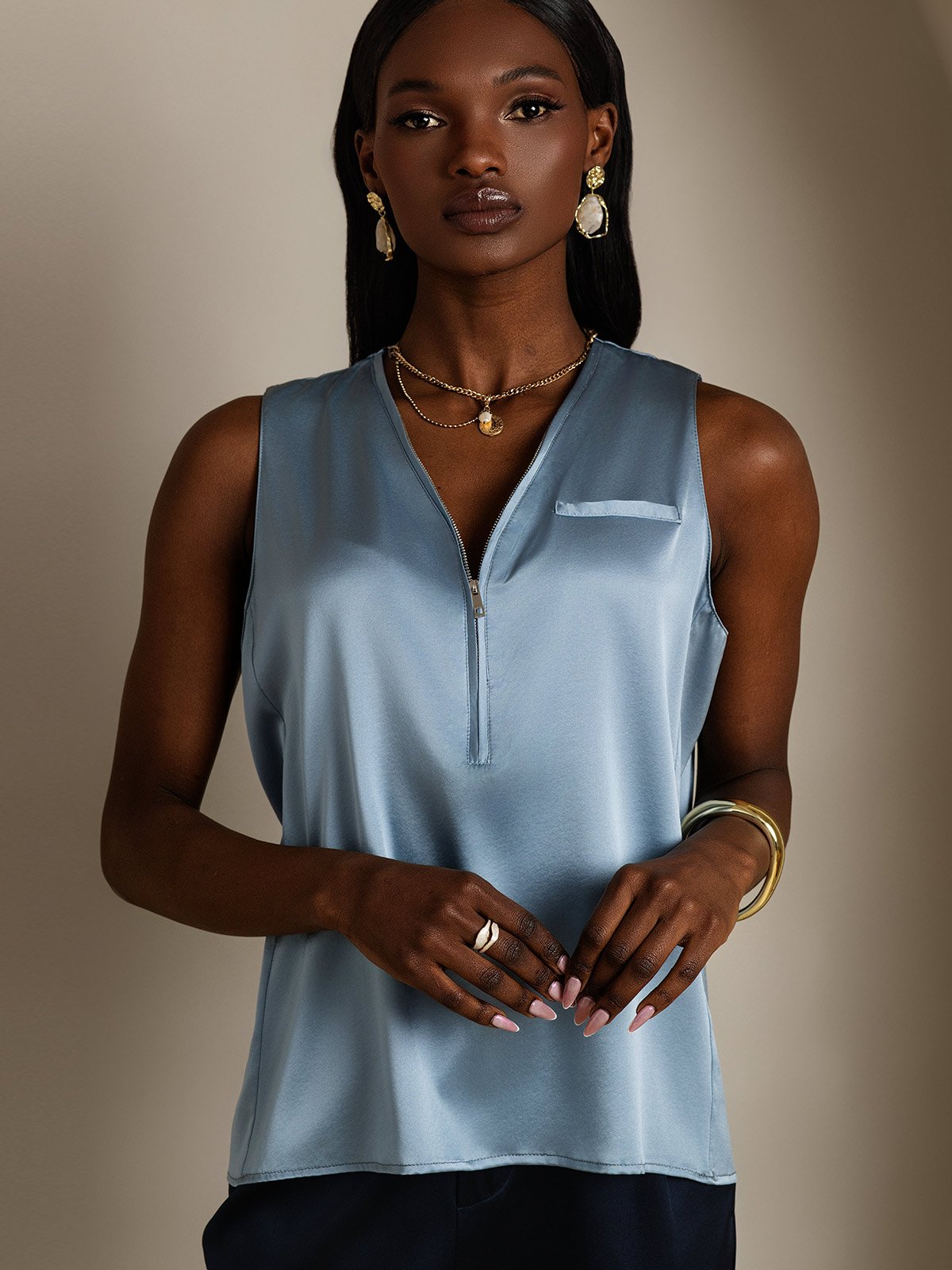 SilkSilky-CA 19Momme Silk Sleeveless V Neck Women's Shirt GrayishBlue 003