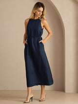 [Dark Blue] SilkSilky-CA Sleeveless Crew Neck Dress 003