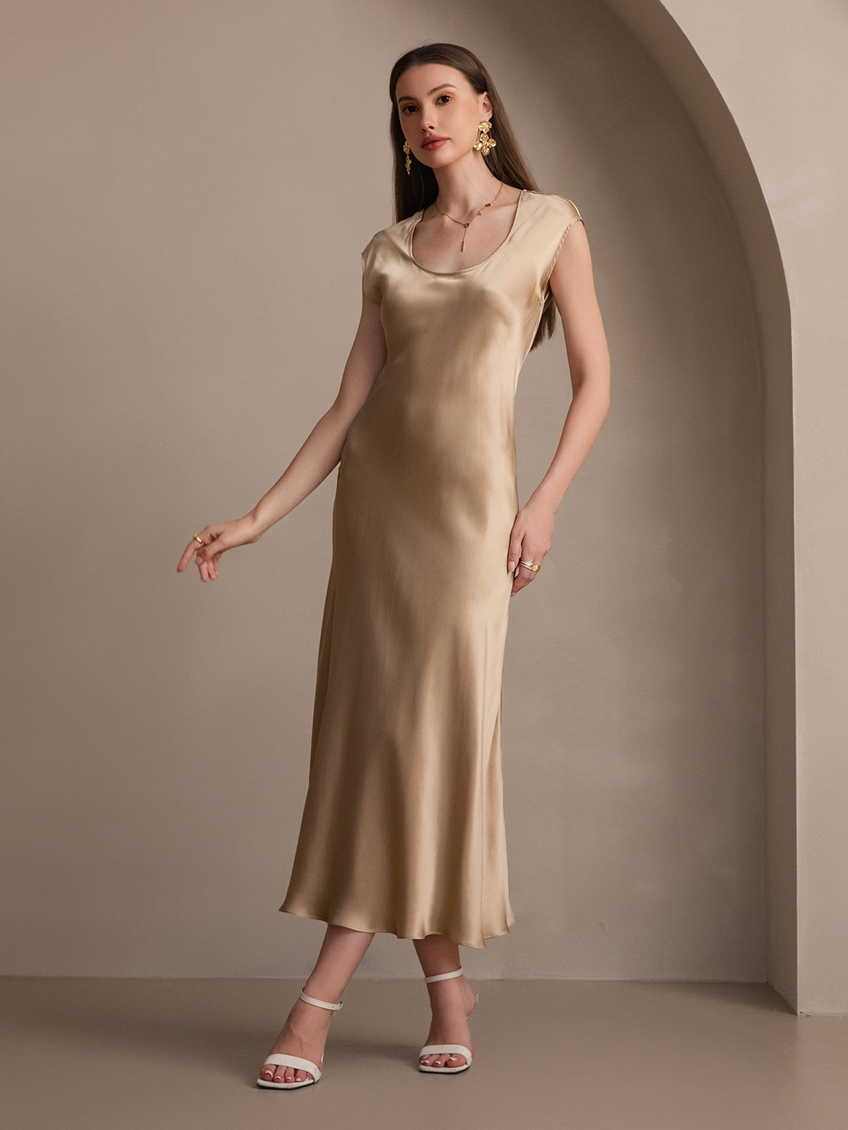 [Champagne] SilkSilky-CA 19Momme Silk Cap Sleeve Round Neck Dress 006