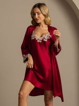 [Wine] SilkSilky-CA 3/4 Sleeve V Neck Nightgown&Robe Set 003