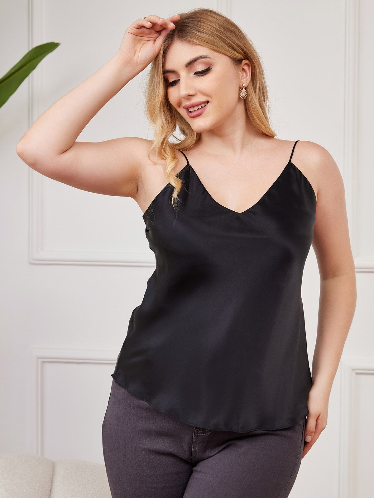 SilkSilky-CA Pure Silk Deep V Neck Plus Size Camisole Top Black 001