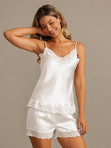 [White] SilkSilky-CA Spaghetti Strap V Neck Camisole Set 001