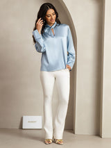 [Grayish Blue] SilkSilky-CA 19Momme Silk Keyhole Neck Women's Shirt 013