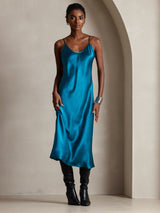 [Teal] SilkSilky-CA Spaghetti Strap V Neck Dress 005