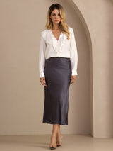 [White] SilkSilky-CA Long Sleeve Deep V Neck Women's Blouse 006