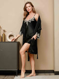 SilkSilky CA 3/4 Sleeve Nightgown&Robe Set Black 011