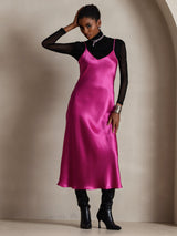 [Rose Red] SilkSilky-CA Spaghetti Strap V Neck Dress 001