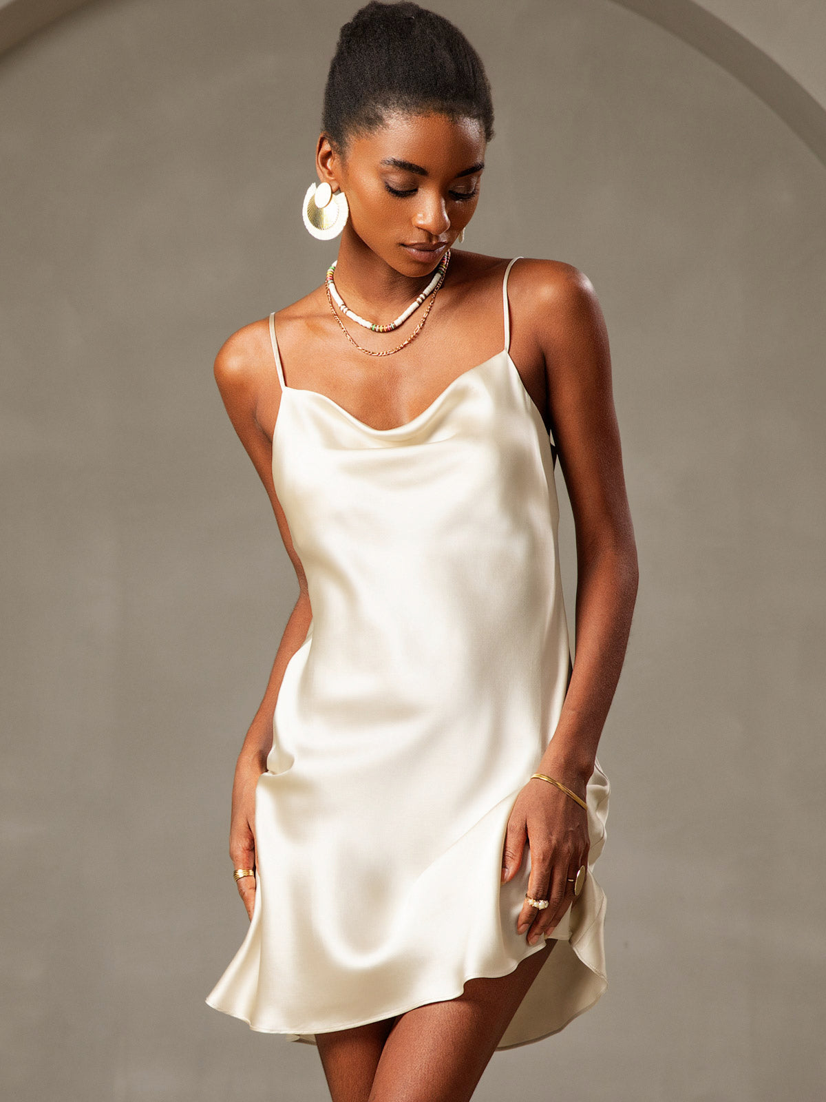 [Light Yellow] SilkSilky-CA Pure Silk Cowl Neck Dress 001