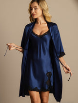 [Dark Blue] SilkSilky-CA Half Sleeve V Neck Nightgown&Robe Set 006