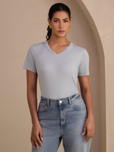 [Grayish Blue] SilkSilky-CA Short Sleeve V Neck Women's T-Shirt 003