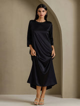 [Black] SilkSilky-CA 3/4 Sleeve Round Neck Dress 004
