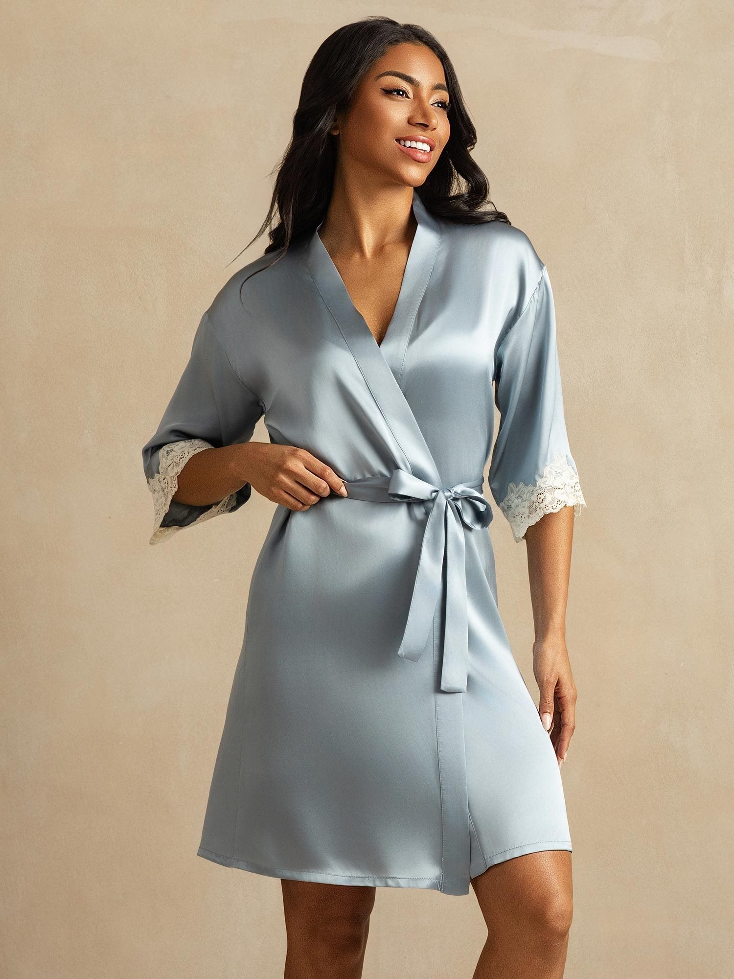 [Grayish Blue] SilkSilky-CA Pure Silk Womens Robe 001