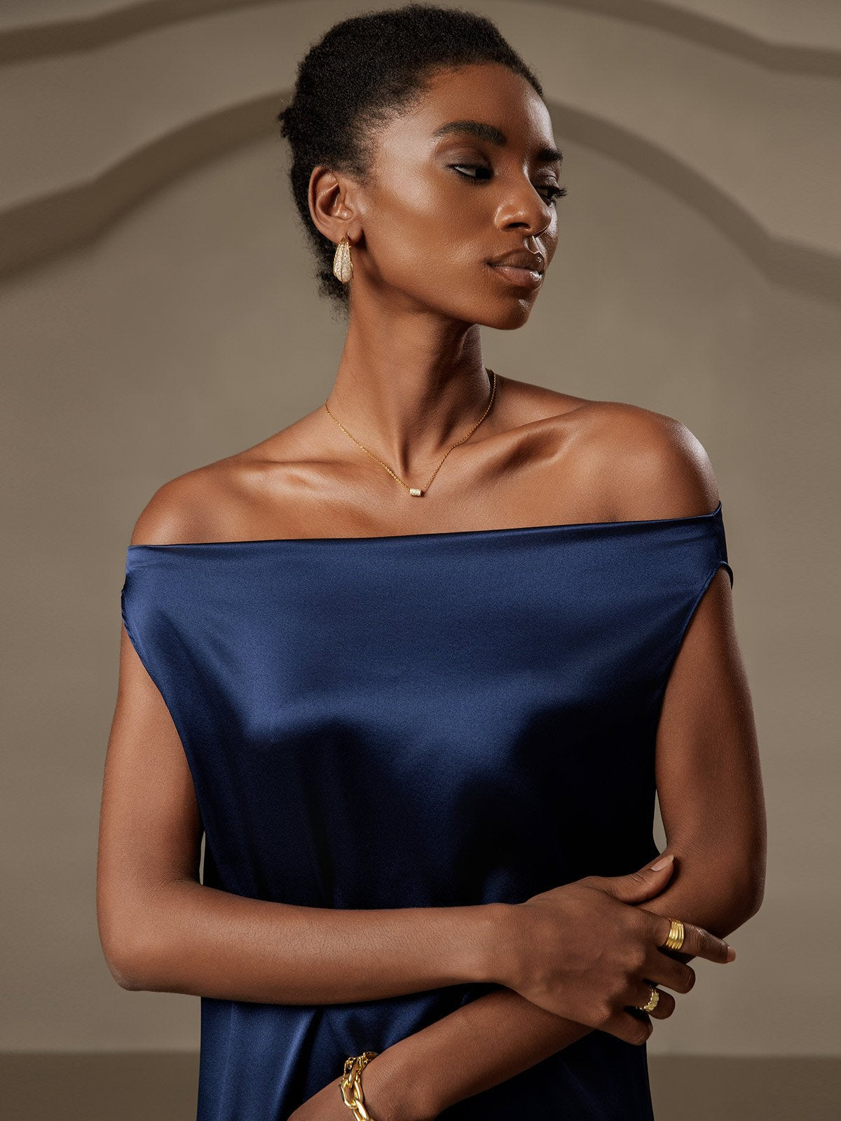 [Dark Blue] SilkSilky-CA 19Momme Silk Cowl Neck Dress 005