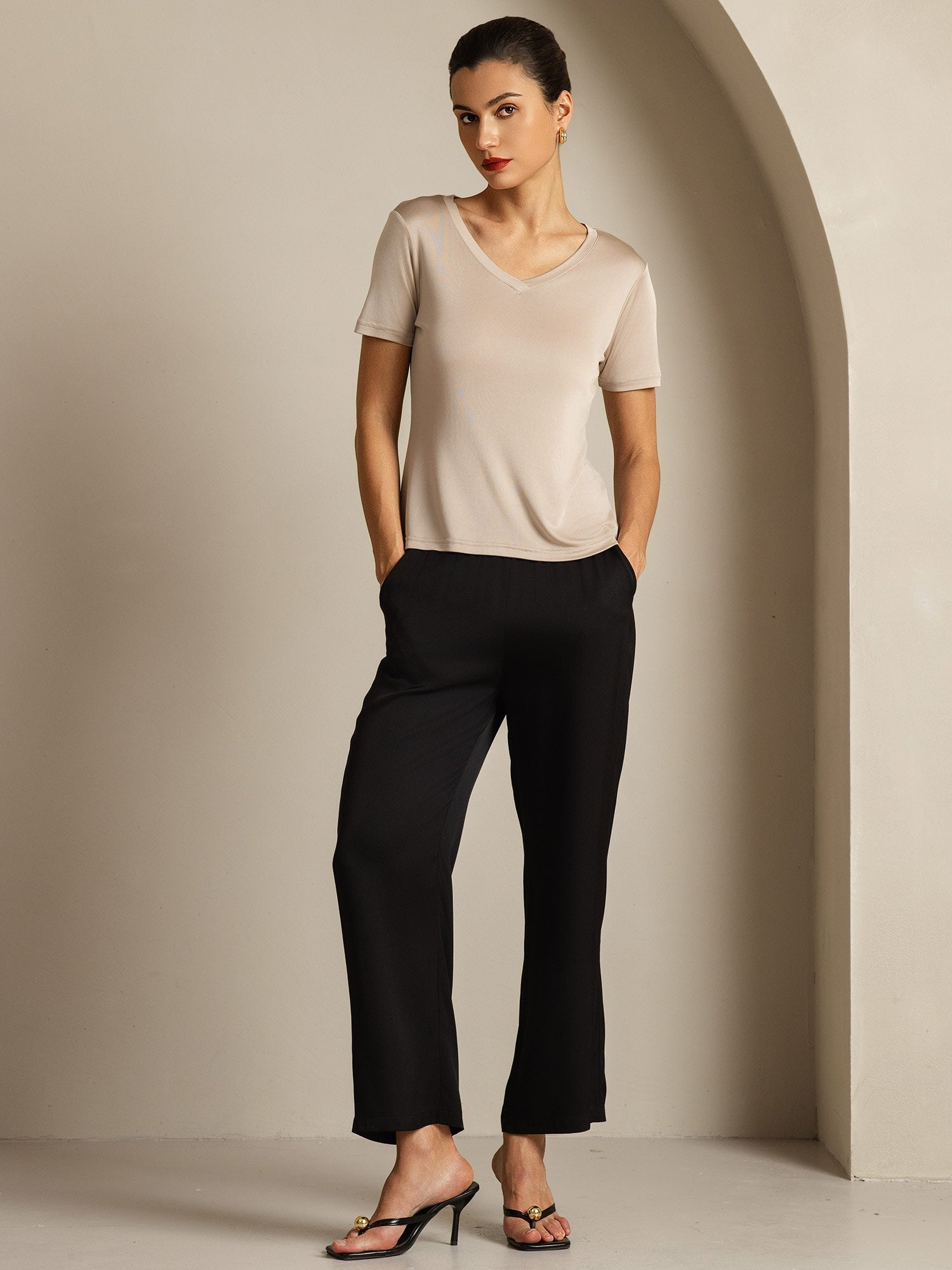 [LightKhaki] SilkSilky-CA Pure Silk V Neck Women's T-Shirt 008