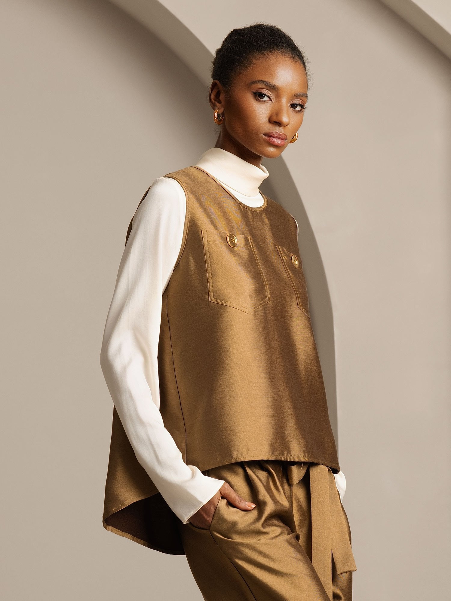 [Bronze] SilkSilky-CA 32Momme Silk-Wool Blend Womens Vest 003,