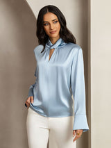[Grayish Blue] SilkSilky-CA 19Momme Silk Keyhole Neck Women's Shirt 008