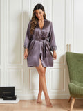 SilkSilky CA Pure Silk 3/4 Sleeve Womens Robe PurpleGray 006