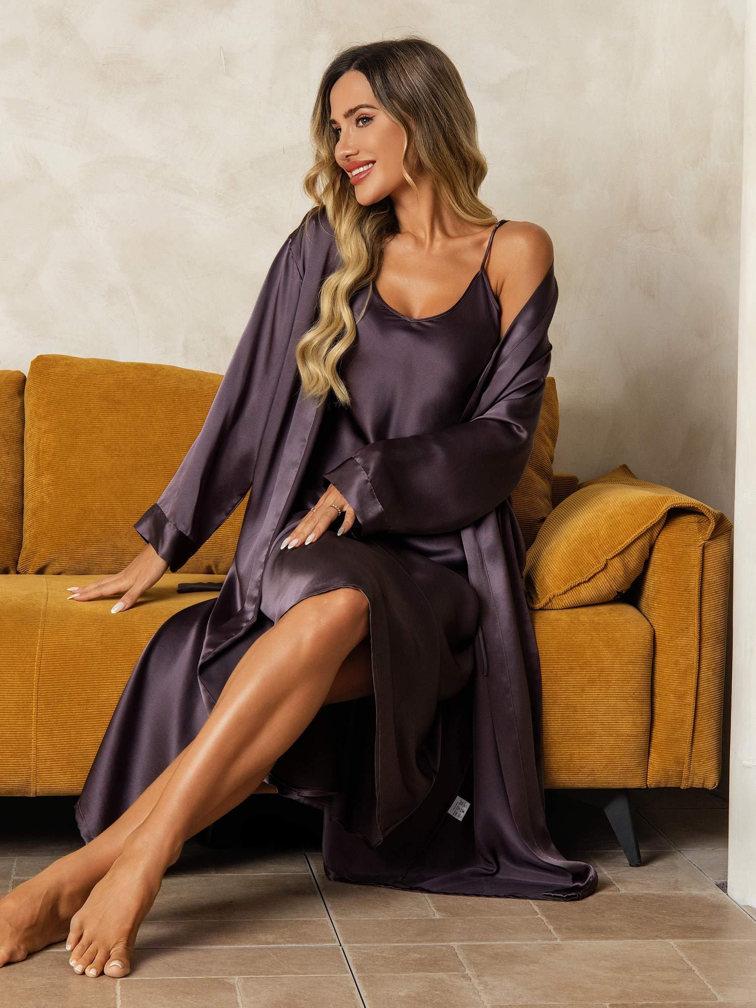[PurpleGray] SilkSilky-CA Pure Silk V Neck Nightgown&Robe Set 004