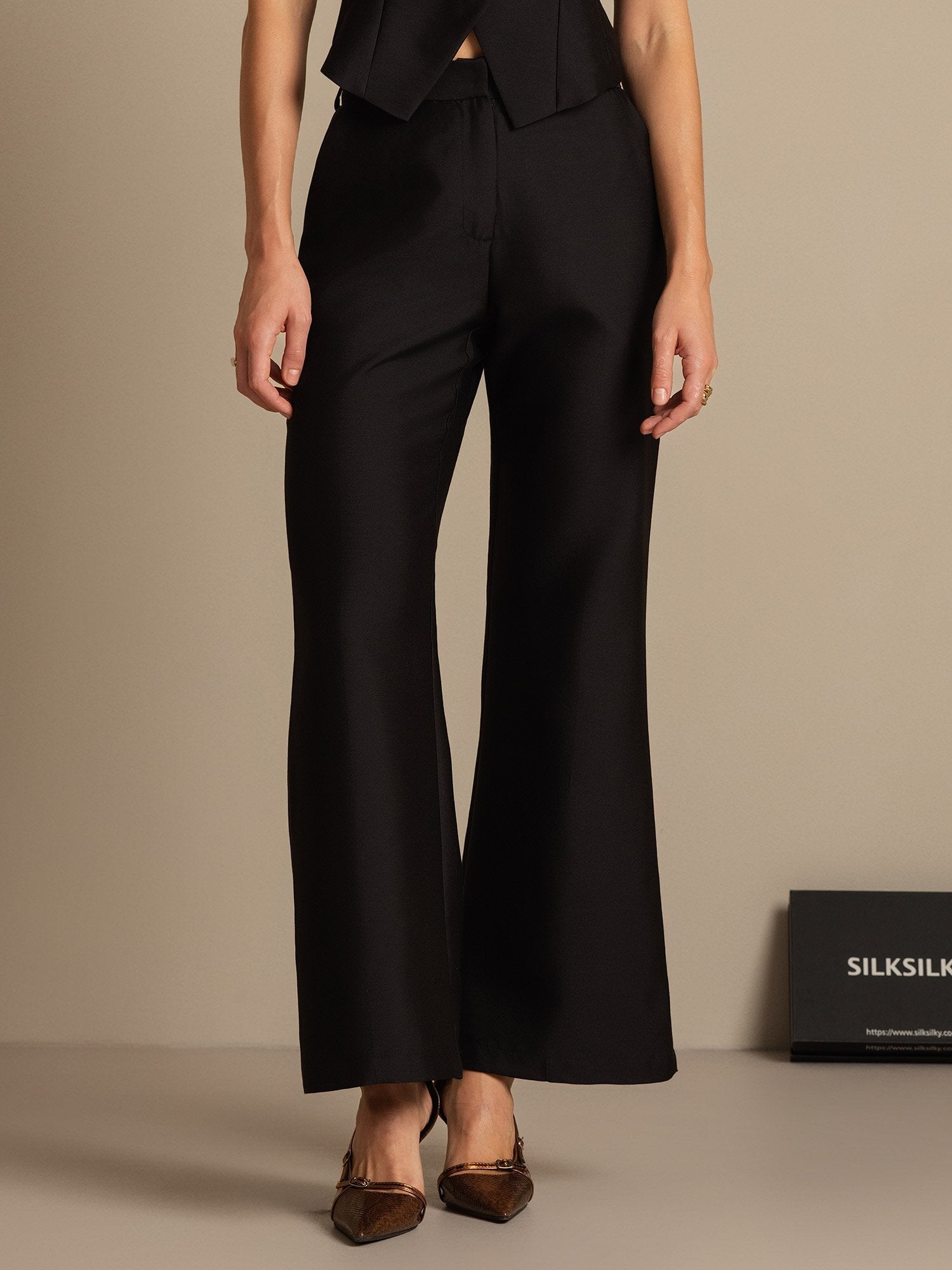 [Black] SilkSilky-CA 32Momme Silk-Wool Blend Womens Pants 003,