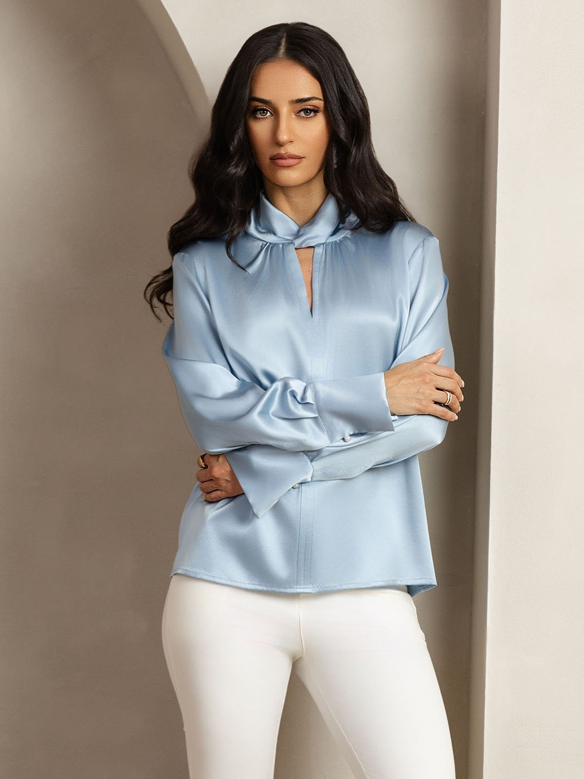 [GrayishBlue] SilkSilky-CA 19Momme Silk Keyhole Neck Women's Shirt 006