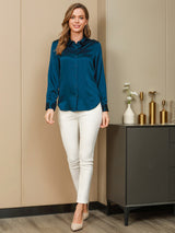 [Teal] SilkSilky-CA Long Sleeve Lapel Collar Women's Shirt 005