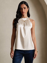 [Beige] SilkSilky-CA Sleeveless Halter Women's T-Shirt 003