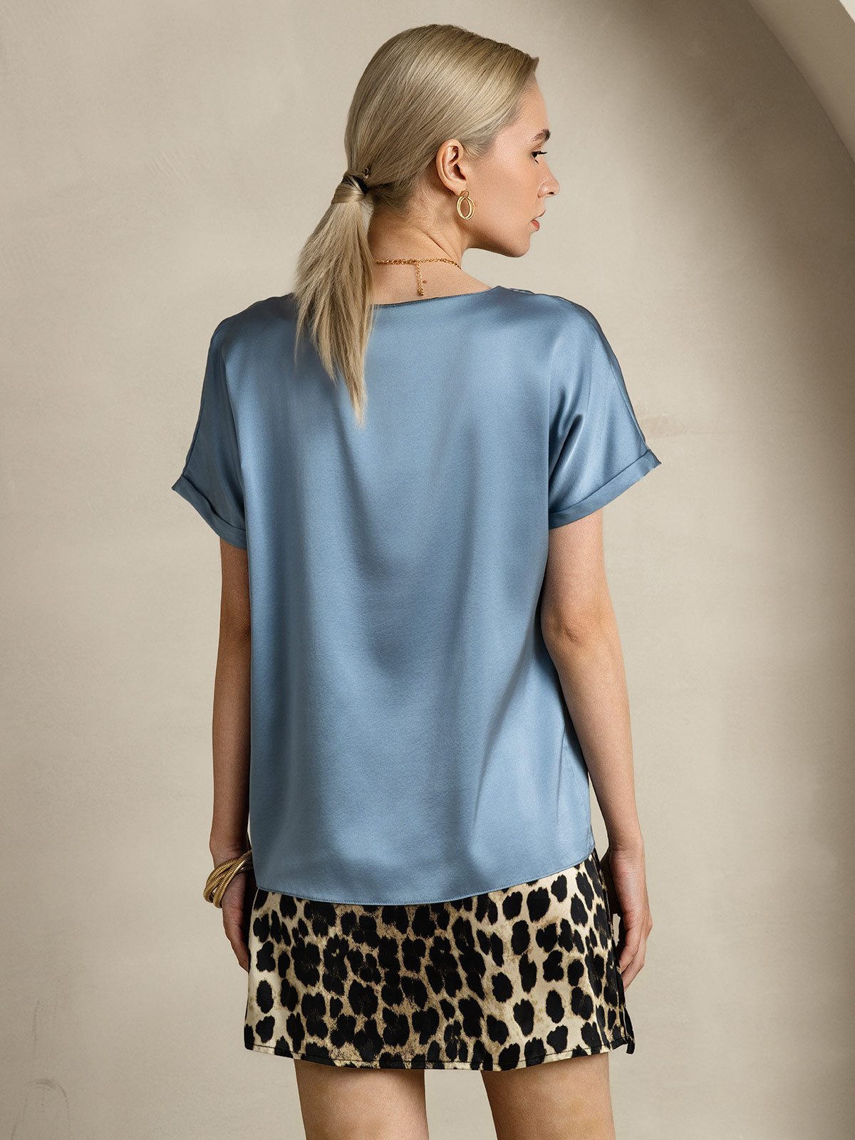 [Grayish Blue] SilkSilky-CA 19Momme Silk Round Neck Women's T-Shirt 002,
