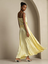 [Light Yellow] SilkSilky-CA 19Momme Stretch Silk Charmeuse Spaghetti Strap Cowl Neck Women''s Outfit Sets 002