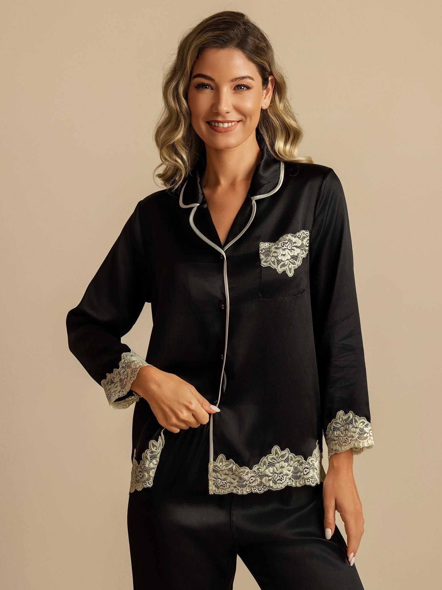 [Black] SilkSilky-CA Pure Silk Womens Pajamas 007