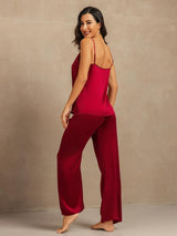 [Wine] SilkSilky-CA 19Momme Machine-Washable Silk Spaghetti Strap Scoop Neck Camisole Set 002