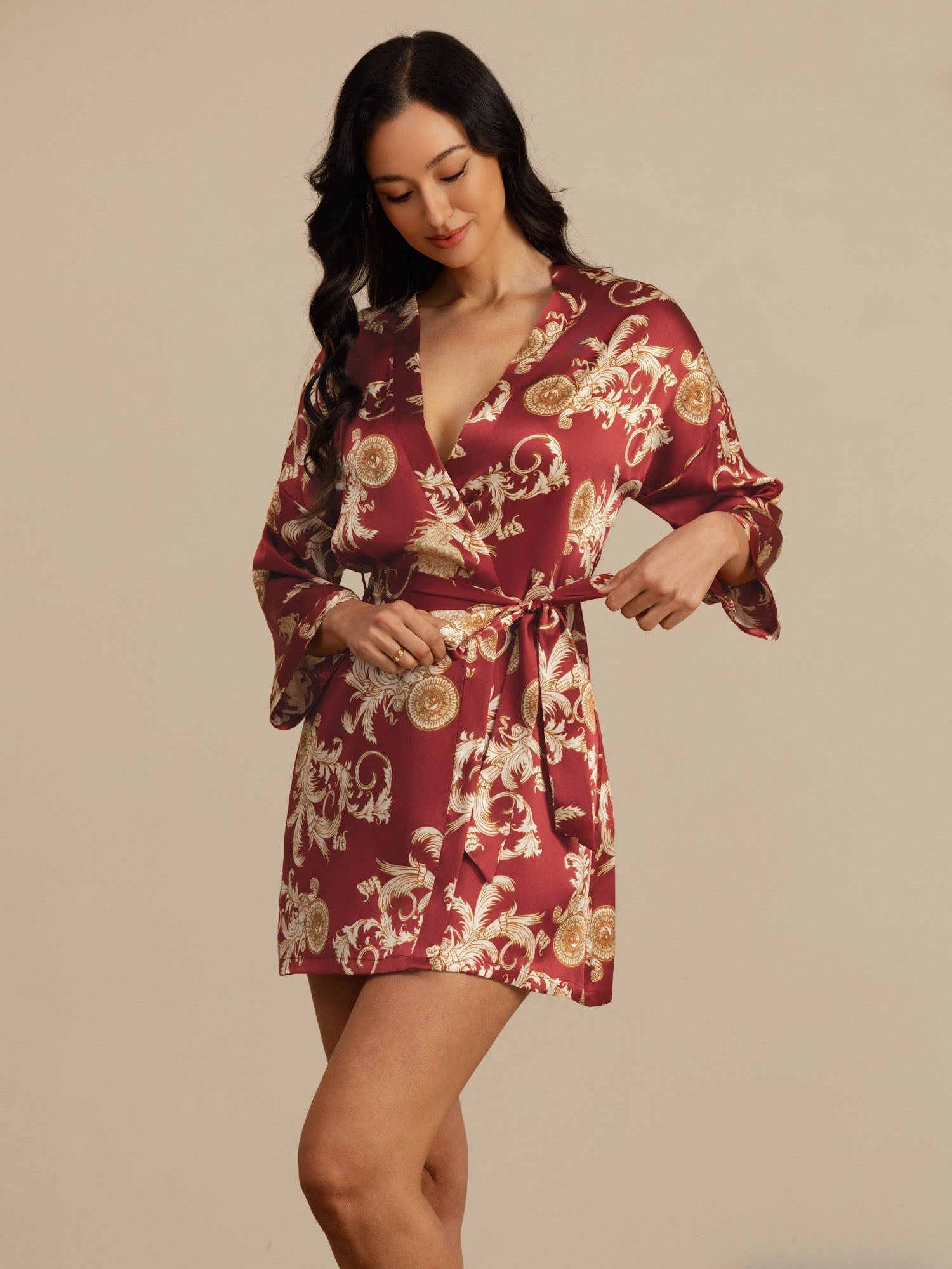 [Wine Dragon] SilkSilky-CA 3/4 Sleeve V Neck Women's Robe 005