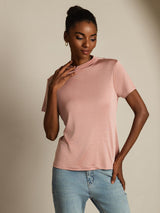[Pink] SilkSilky-CA 100% Silk Jersey Short Sleeve Mock Neck Women's T-Shirt 005